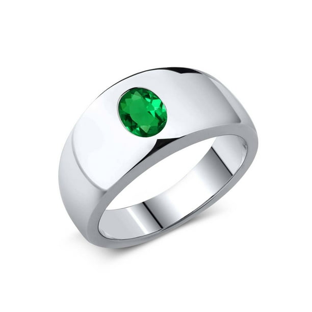 Mens 5.5 cts Round Cabochon Emerald Sterling Silver Ring Sizes 8 To 13